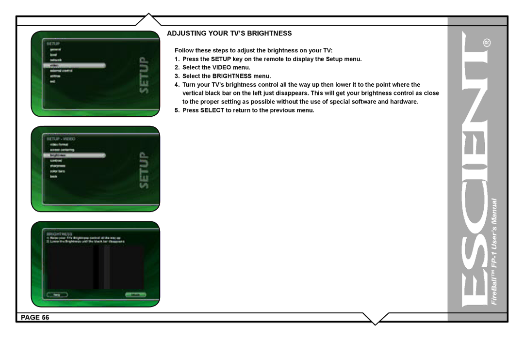 Escient FP-1 user manual Adjusting Your TV’S Brightness 