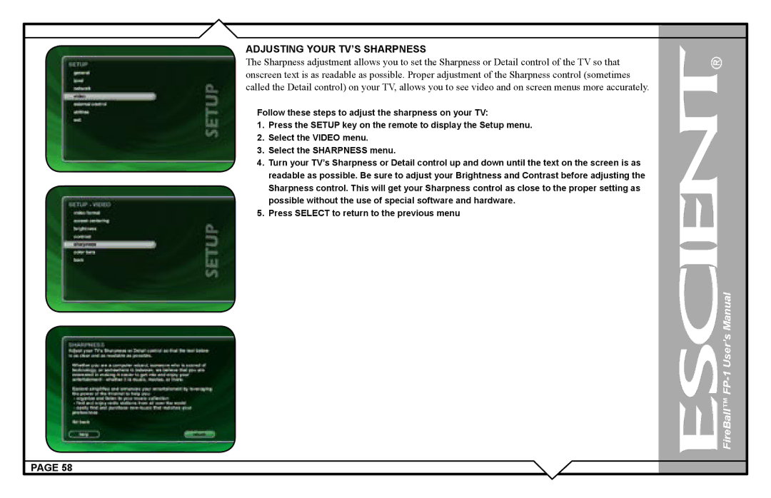 Escient FP-1 user manual Adjusting Your TV’S Sharpness 