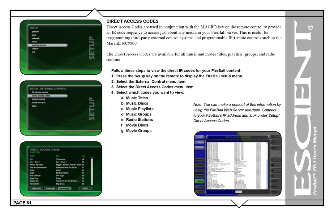 Escient FP-1 user manual Direct Access Codes 