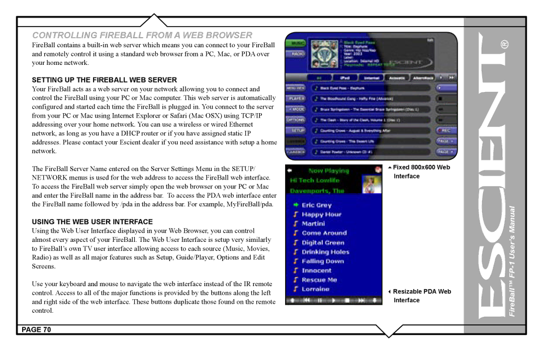 Escient FP-1 user manual Controlling Fireball from a WEB Browser, Setting UP the Fireball WEB Server 