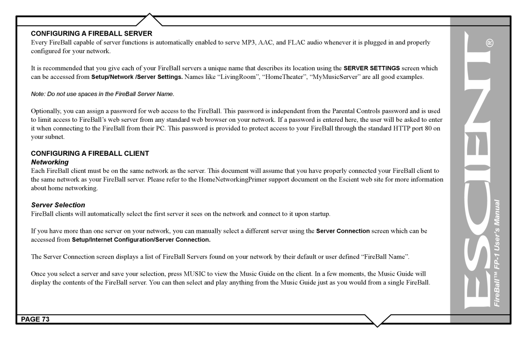 Escient FP-1 user manual Configuring a Fireball Server, Networking 