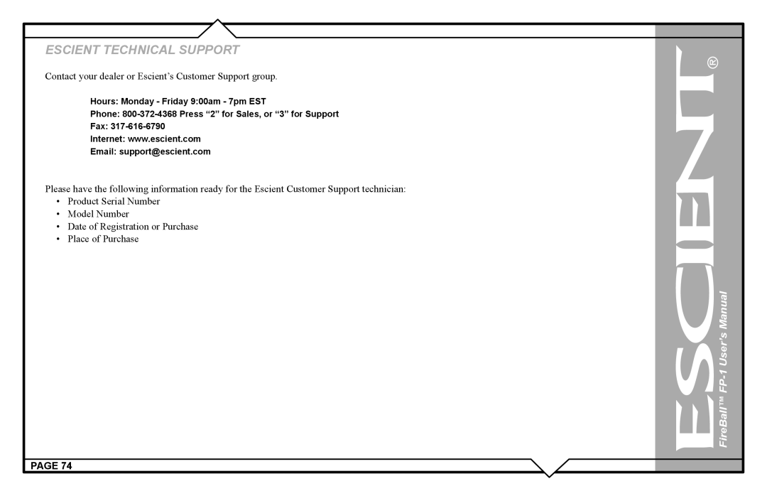 Escient FP-1 user manual Contact your dealer or Escient’s Customer Support group 