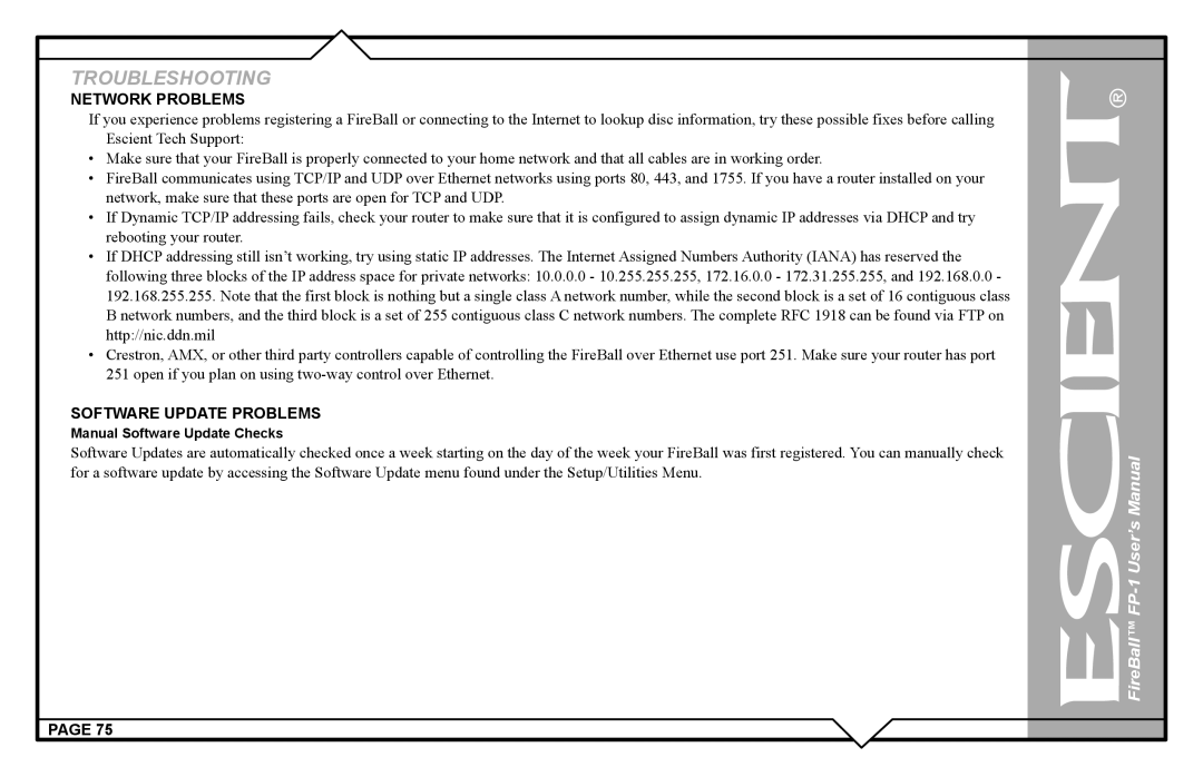 Escient FP-1 user manual Network Problems, Software Update Problems 