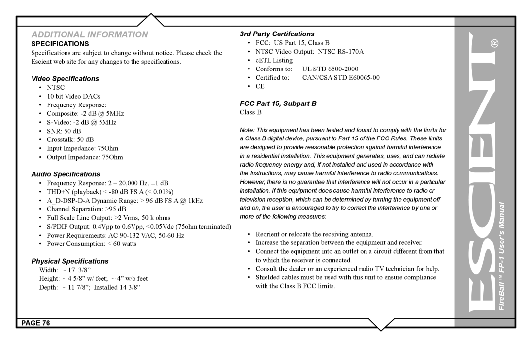 Escient FP-1 user manual Video Specifications, Ntsc 