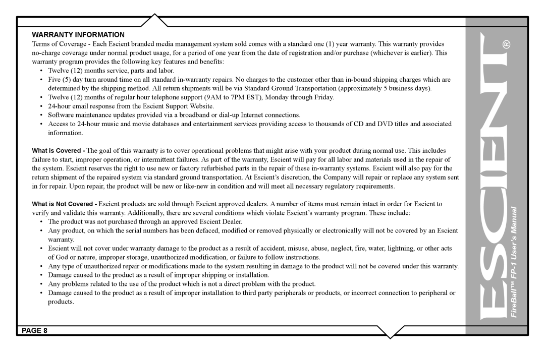 Escient FP-1 user manual Warranty Information 