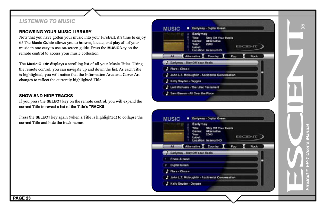 Escient FP-1 user manual Browsing Your Music Library, Show And Hide Tracks, Page 