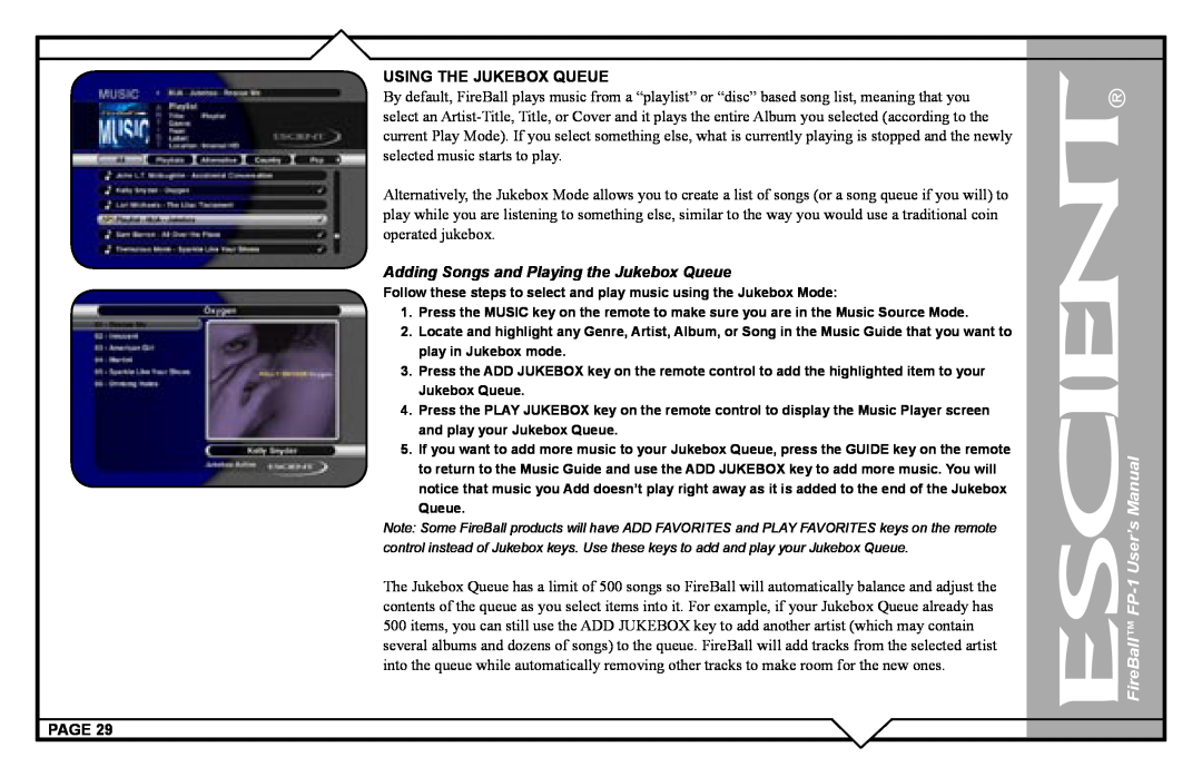 Escient FP-1 user manual Using The Jukebox Queue, Adding Songs and Playing the Jukebox Queue, Page 