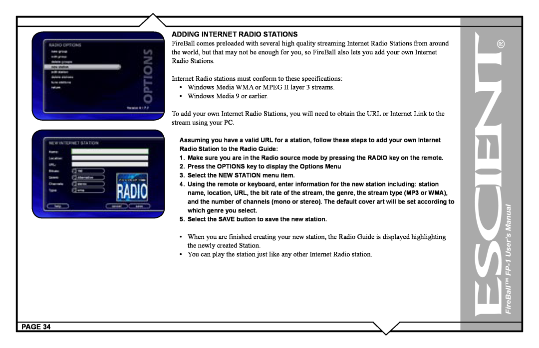 Escient FP-1 user manual Adding Internet Radio Stations, Page 