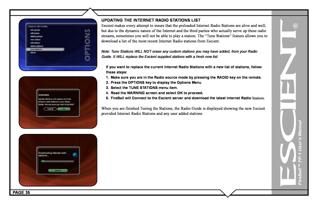 Escient FP-1 user manual Updating The Internet Radio Stations List, Page 