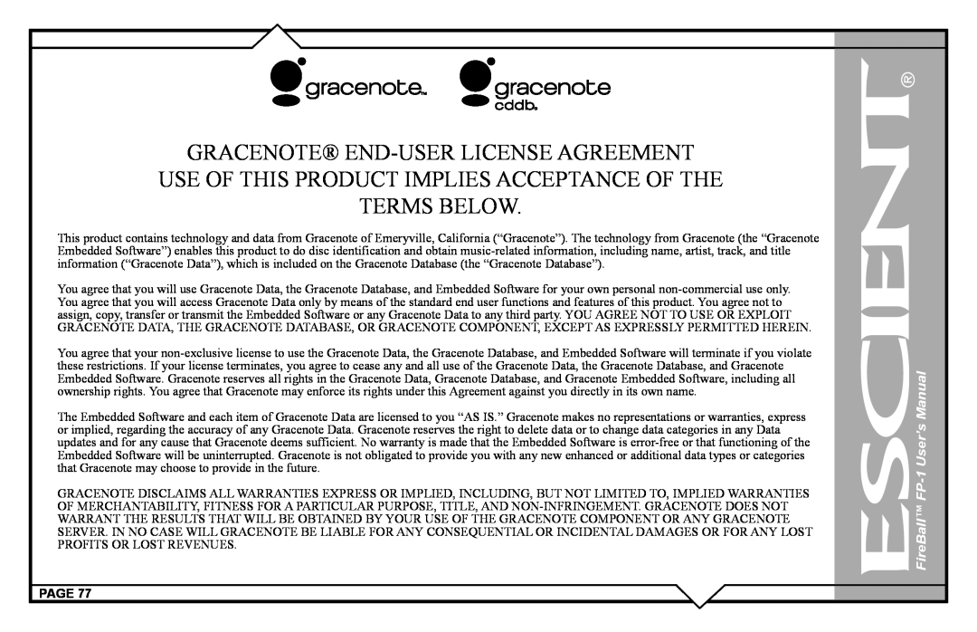 Escient FP-1 user manual Gracenote End-Userlicense Agreement, Use Of This Product Implies Acceptance Of The, Terms Below 
