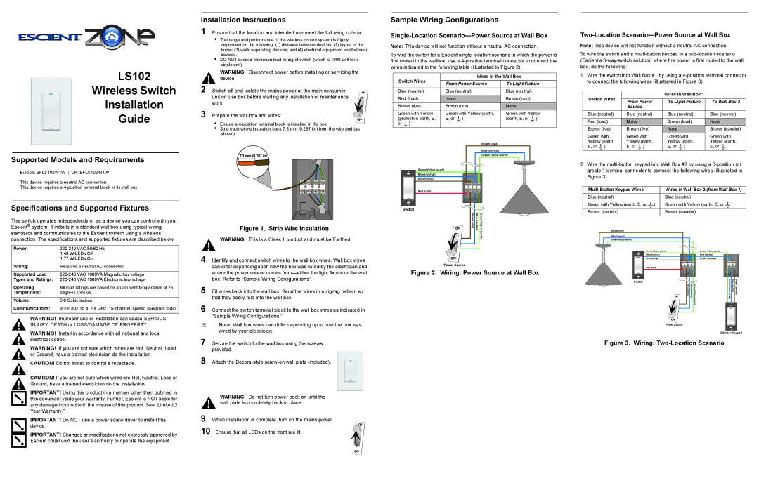 Escient LS102 specifications Supported Models and Requirements, Specifications and Supported Fixtures 