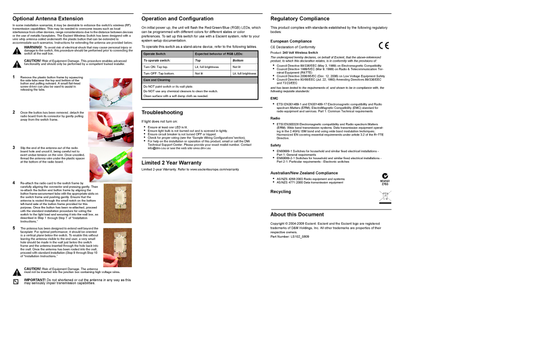 Escient LS102 specifications Optional Antenna Extension, Operation and Configuration, Troubleshooting, About this Document 