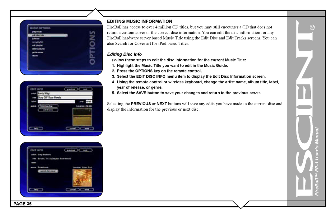 Escient M51001-01A1 user manual Editing Music Information, Editing Disc Info 