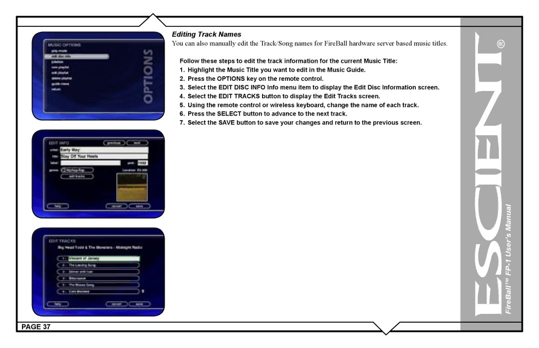 Escient M51001-01A1 user manual Editing Track Names 