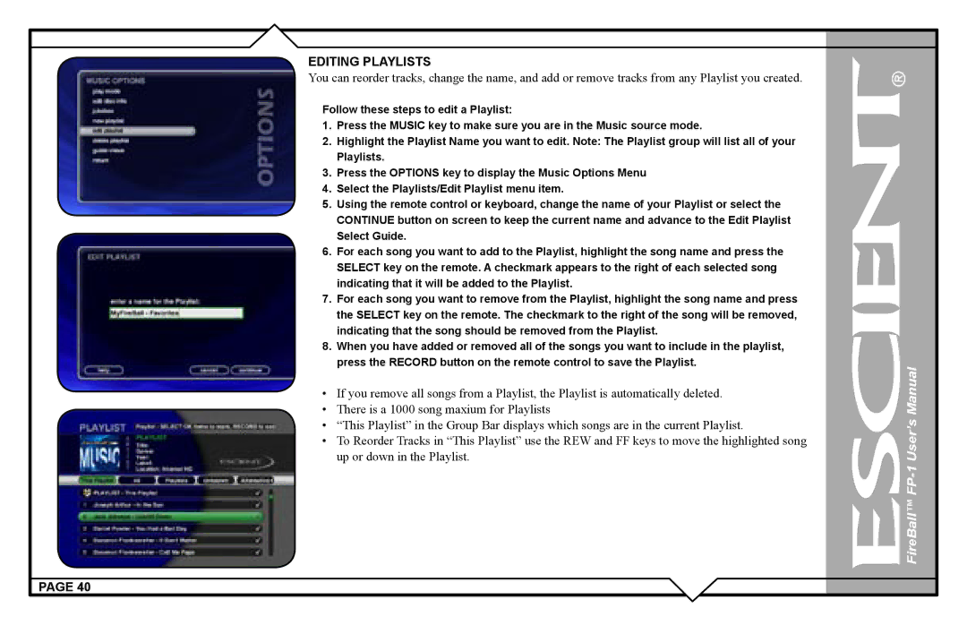 Escient M51001-01A1 user manual Editing Playlists 