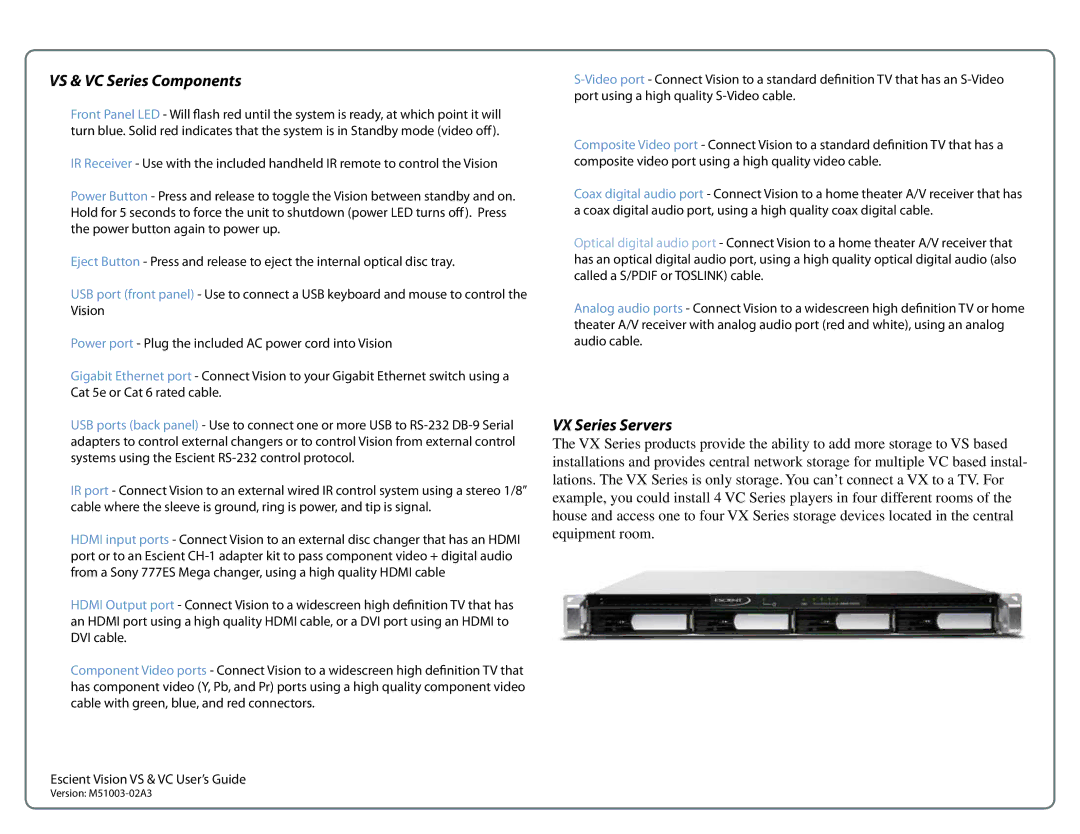 Escient M51003-02A3 manual VS & VC Series Components 