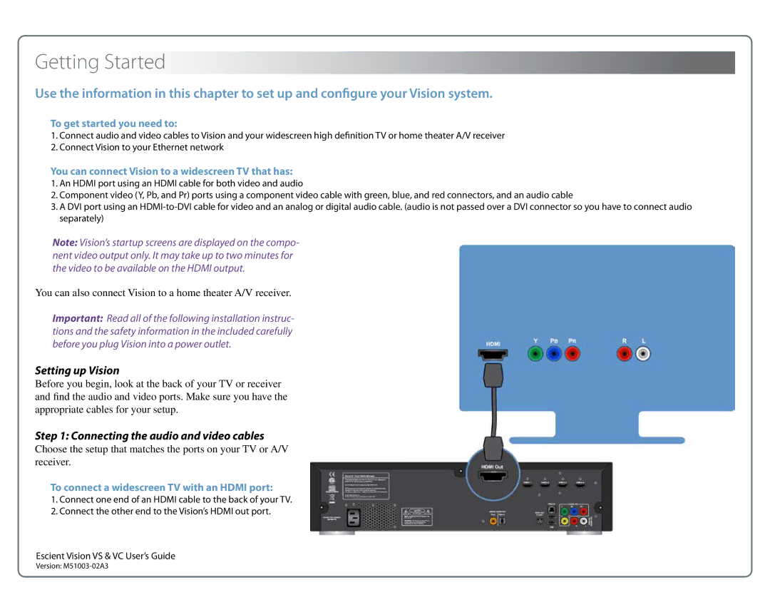 Escient M51003-02A3 Setting up Vision, To get started you need to, You can connect Vision to a widescreen TV that has 