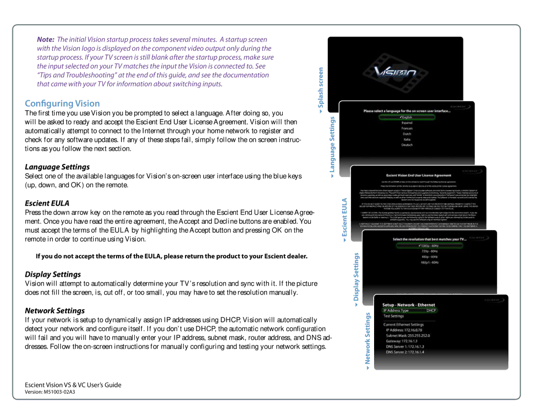 Escient M51003-02A3 manual Configuring Vision, Language Settings 