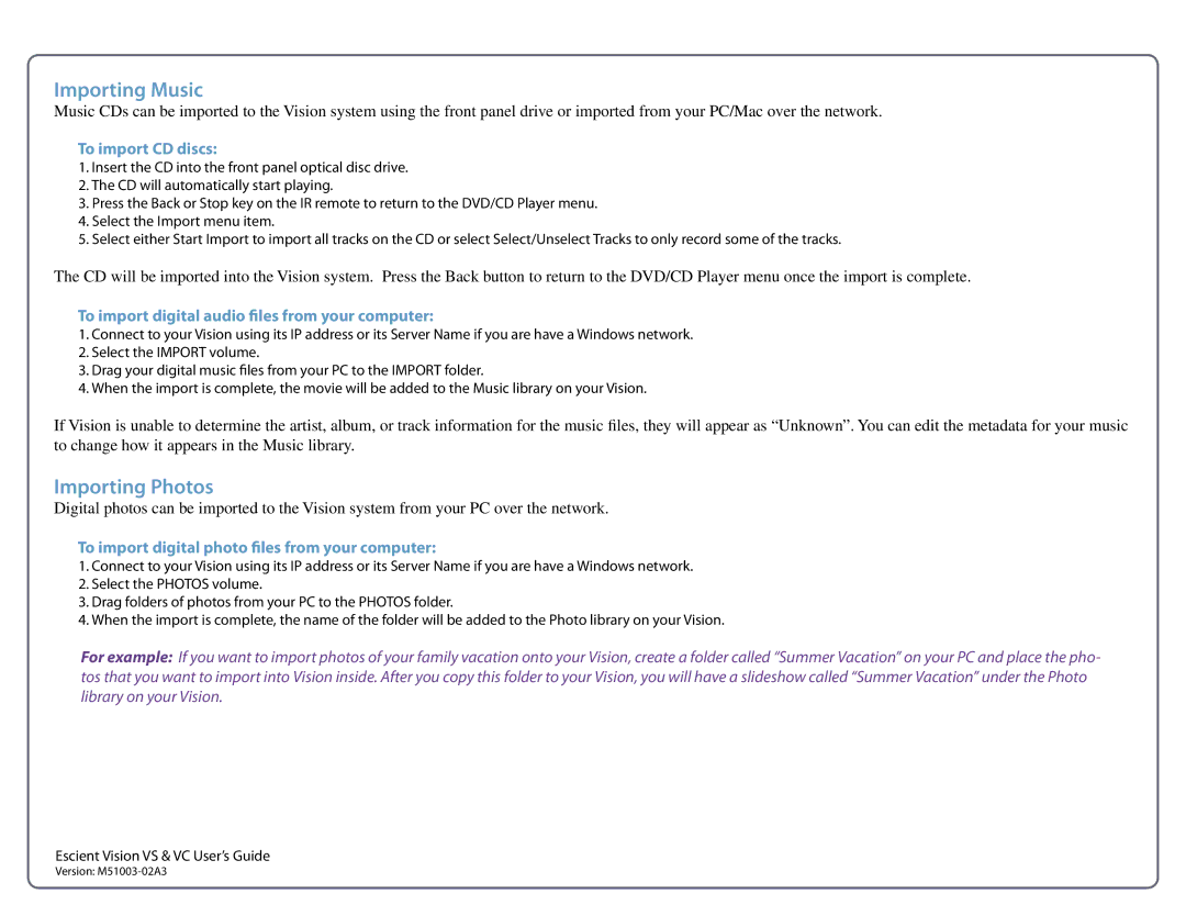 Escient M51003-02A3 manual To import CD discs, To import digital audio files from your computer 