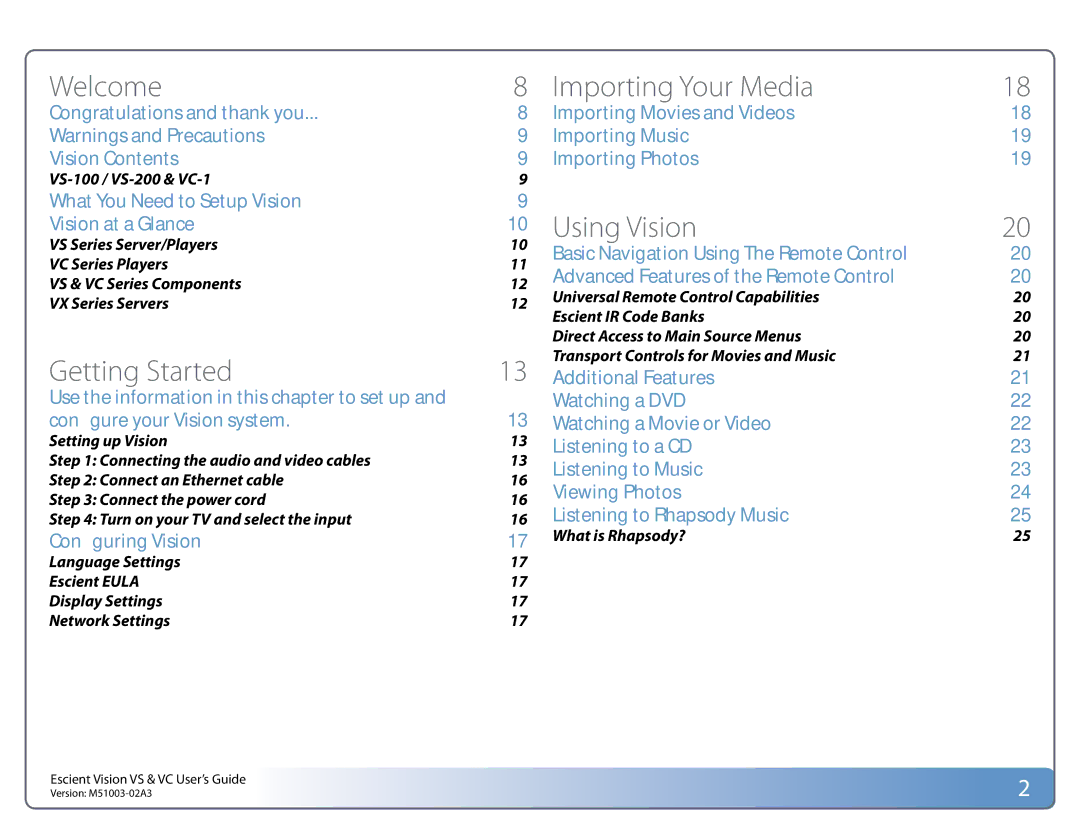 Escient M51003-02A3 manual Welcome, Getting Started 