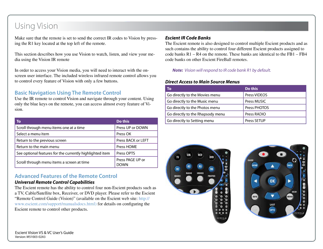 Escient M51003-02A3 manual Using Vision, Basic Navigation Using The Remote Control, Direct Access to Main Source Menus 