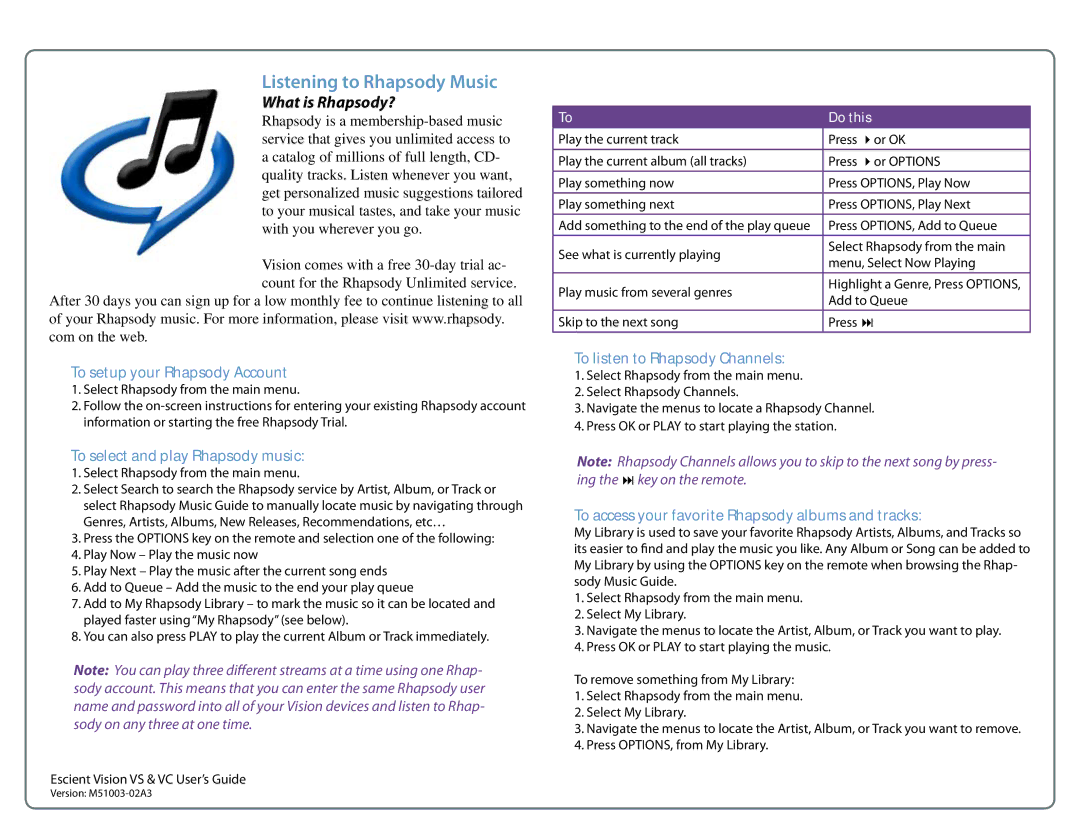 Escient M51003-02A3 manual What is Rhapsody?, To setup your Rhapsody Account, To select and play Rhapsody music 