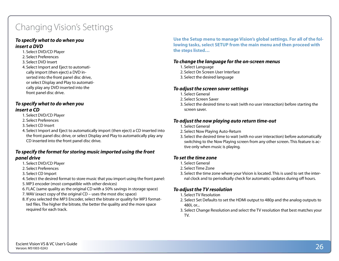 Escient M51003-02A3 manual Changing Vision’s Settings, To specify what to do when you insert a DVD 