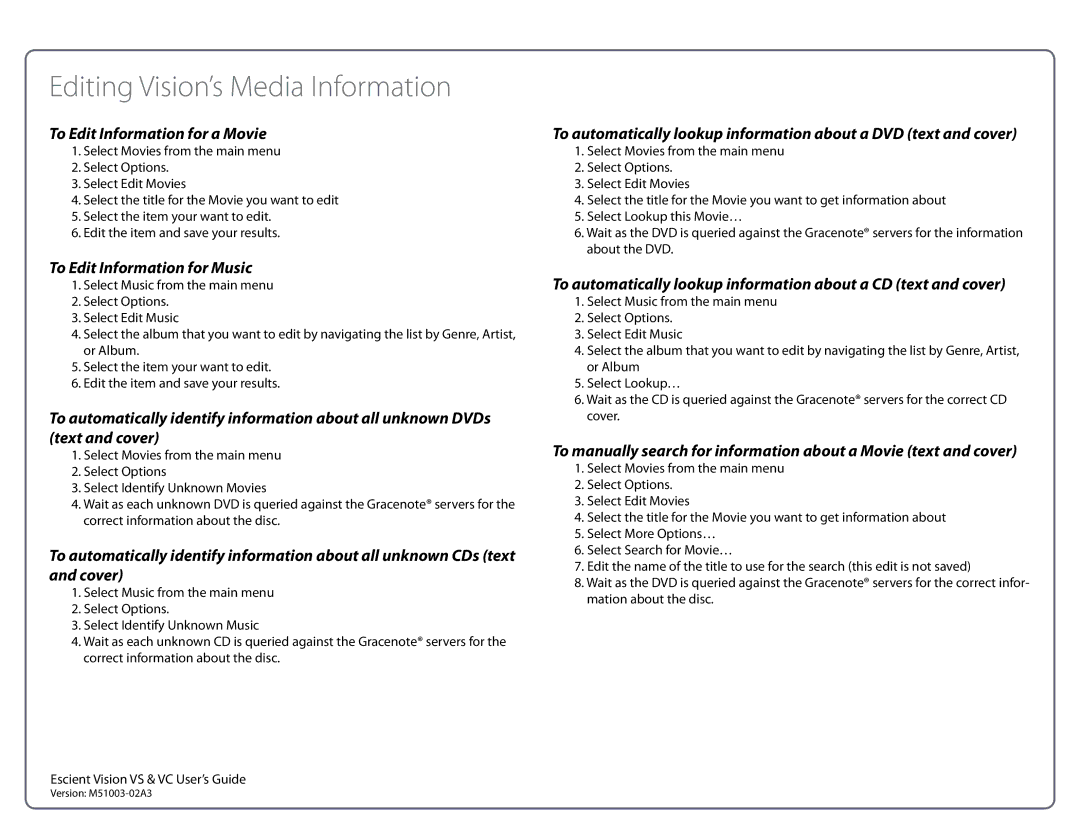 Escient M51003-02A3 manual Editing Vision’s Media Information, To Edit Information for a Movie 