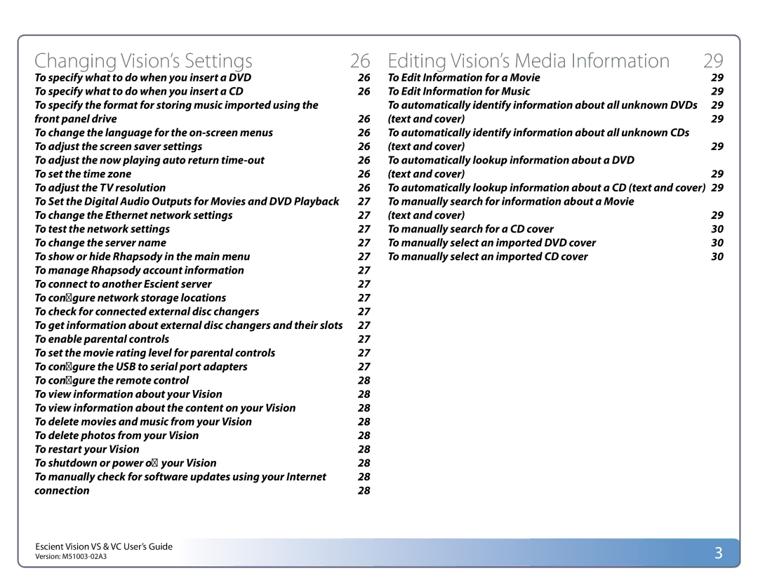 Escient M51003-02A3 manual Changing Vision’s Settings, Connection 