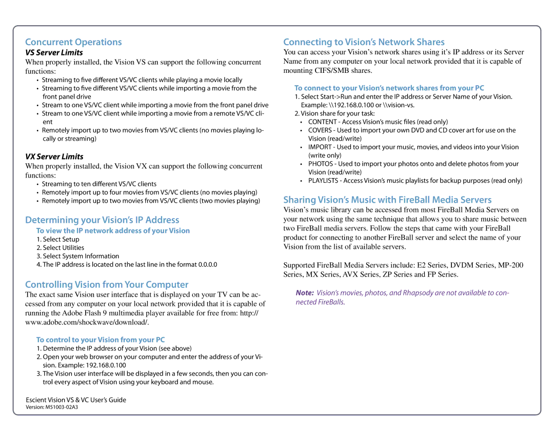 Escient M51003-02A3 manual Determining your Vision’s IP Address, Controlling Vision from Your Computer, VS Server Limits 