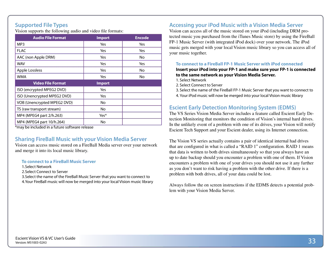 Escient M51003-02A3 manual Supported File Types, Sharing FireBall Music with your Vision Media Server 