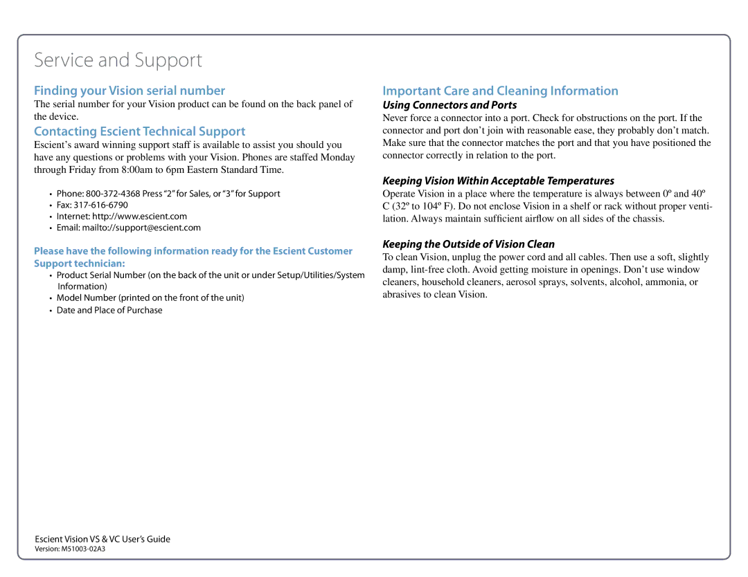 Escient M51003-02A3 Finding your Vision serial number, Contacting Escient Technical Support, Using Connectors and Ports 
