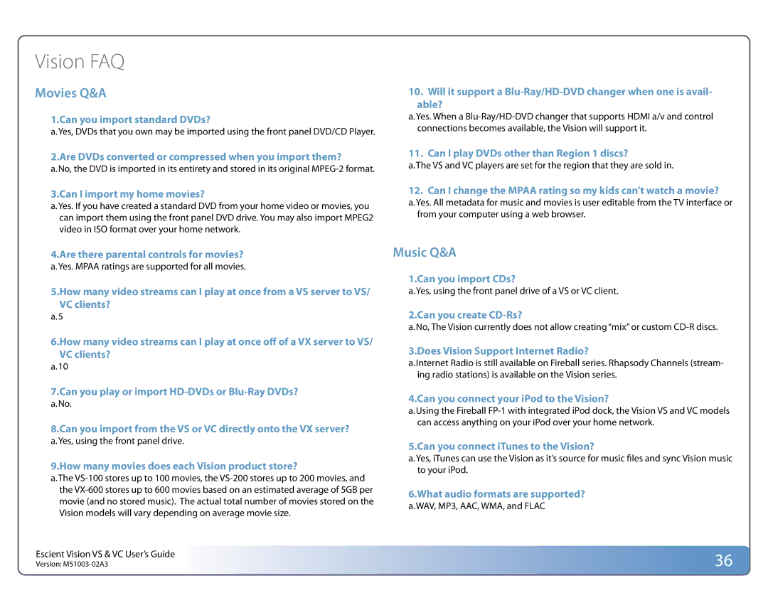 Escient M51003-02A3 manual Vision FAQ, Movies Q&A 