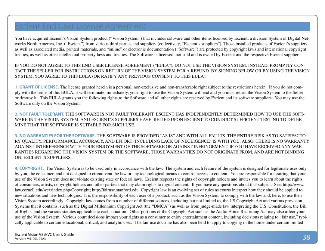 Escient M51003-02A3 manual Escient End User License Agreement 