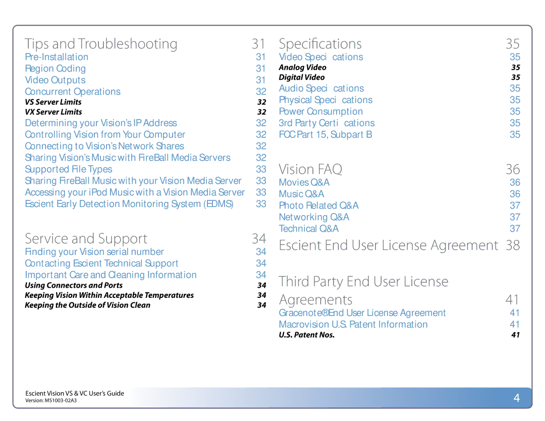 Escient M51003-02A3 Tips and Troubleshooting, Service and Support, Video Specifications, VS Server Limits VX Server Limits 