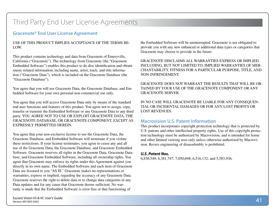 Escient M51003-02A3 manual Gracenote End User License Agreement, Patent Nos 