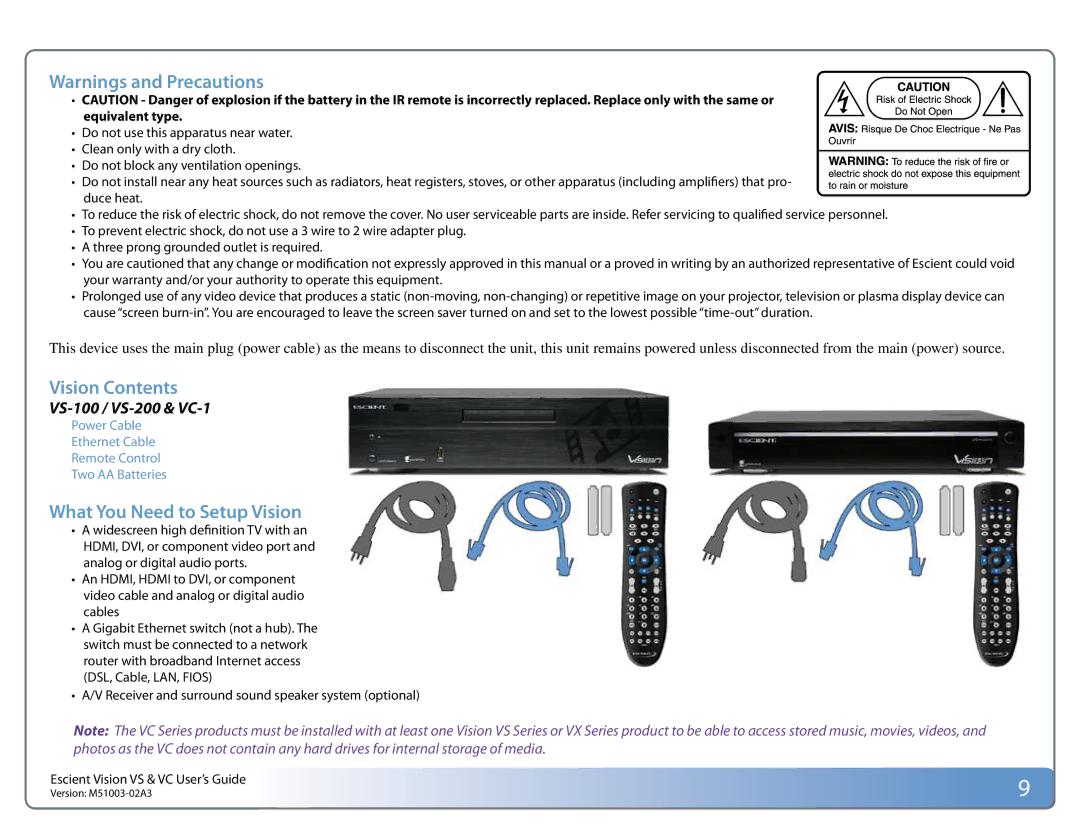 Escient M51003-02A3 manual Vision Contents, What You Need to Setup Vision 