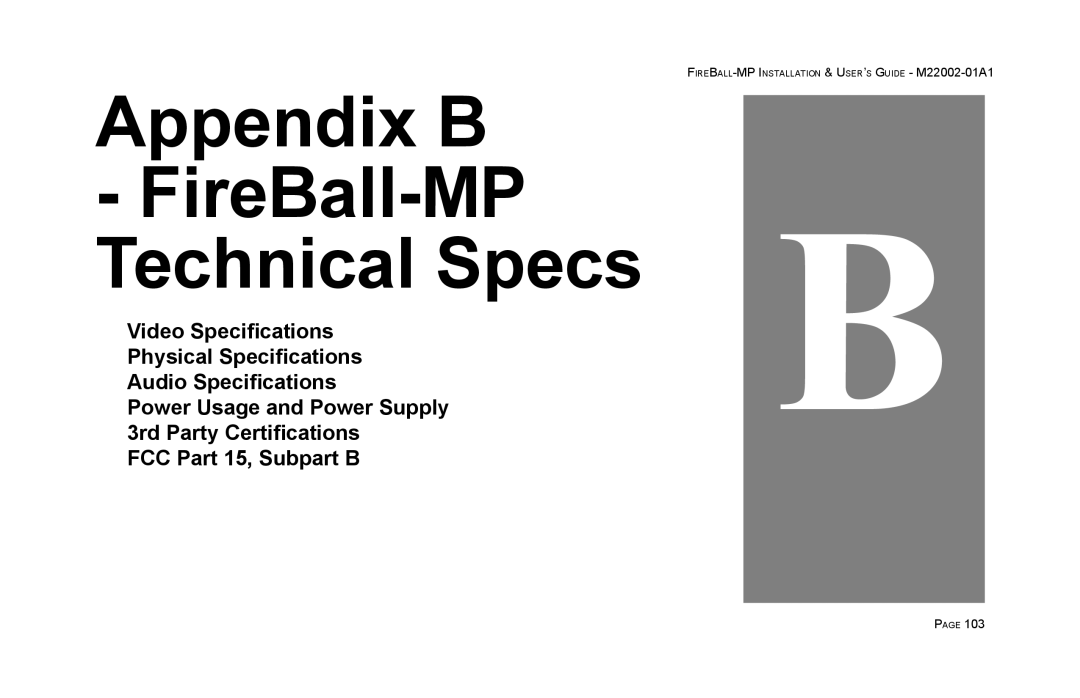 Escient MP-100 manual Appendix B FireBall-MP Technical Specs 