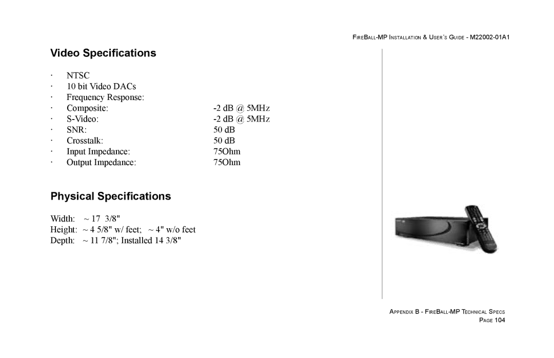 Escient MP-100 manual Video Specifications, Physical Specifications 