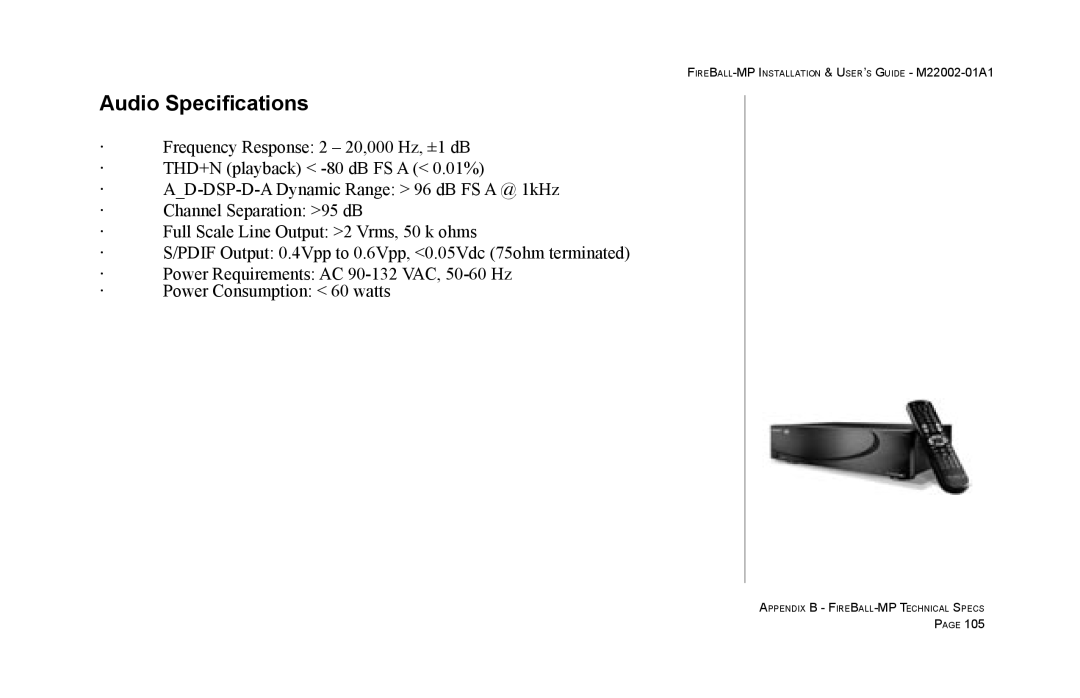 Escient MP-100 manual Audio Specifications 