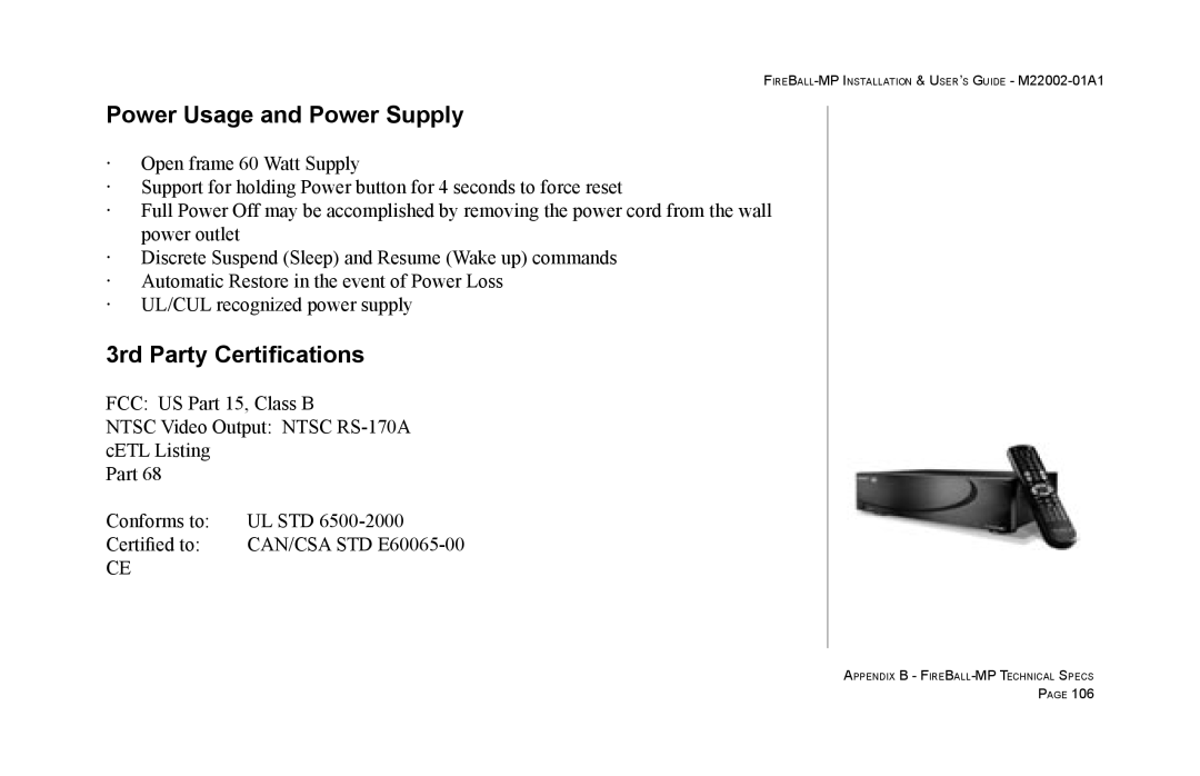 Escient MP-100 manual Power Usage and Power Supply, 3rd Party Certifications 