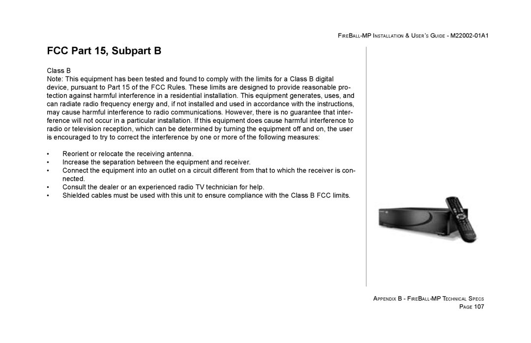 Escient MP-100 manual FCC Part 15, Subpart B 