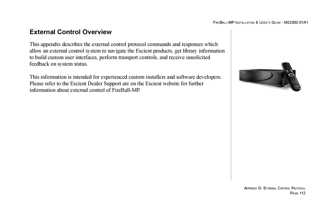 Escient MP-100 manual External Control Overview 