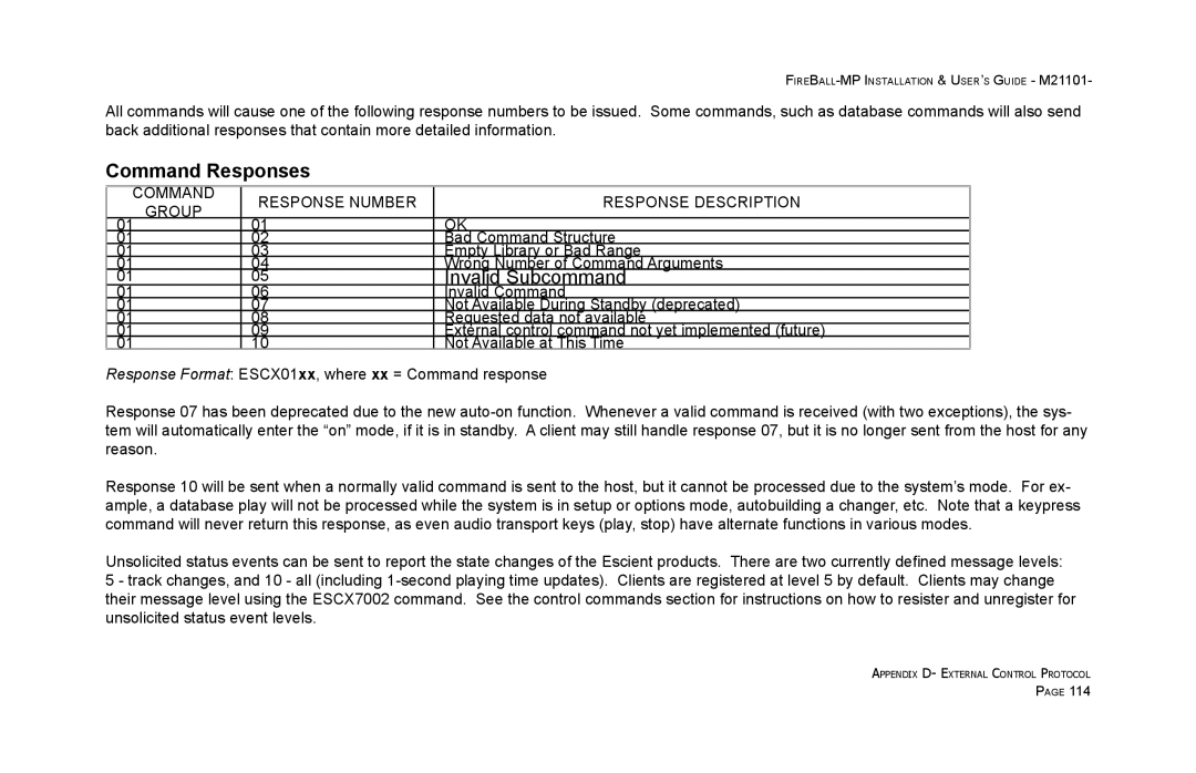 Escient MP-100 manual Command Responses 