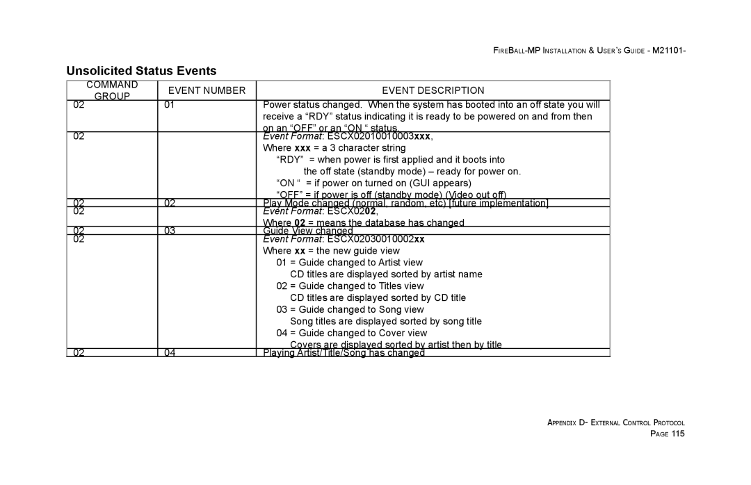 Escient MP-100 manual Unsolicited Status Events 