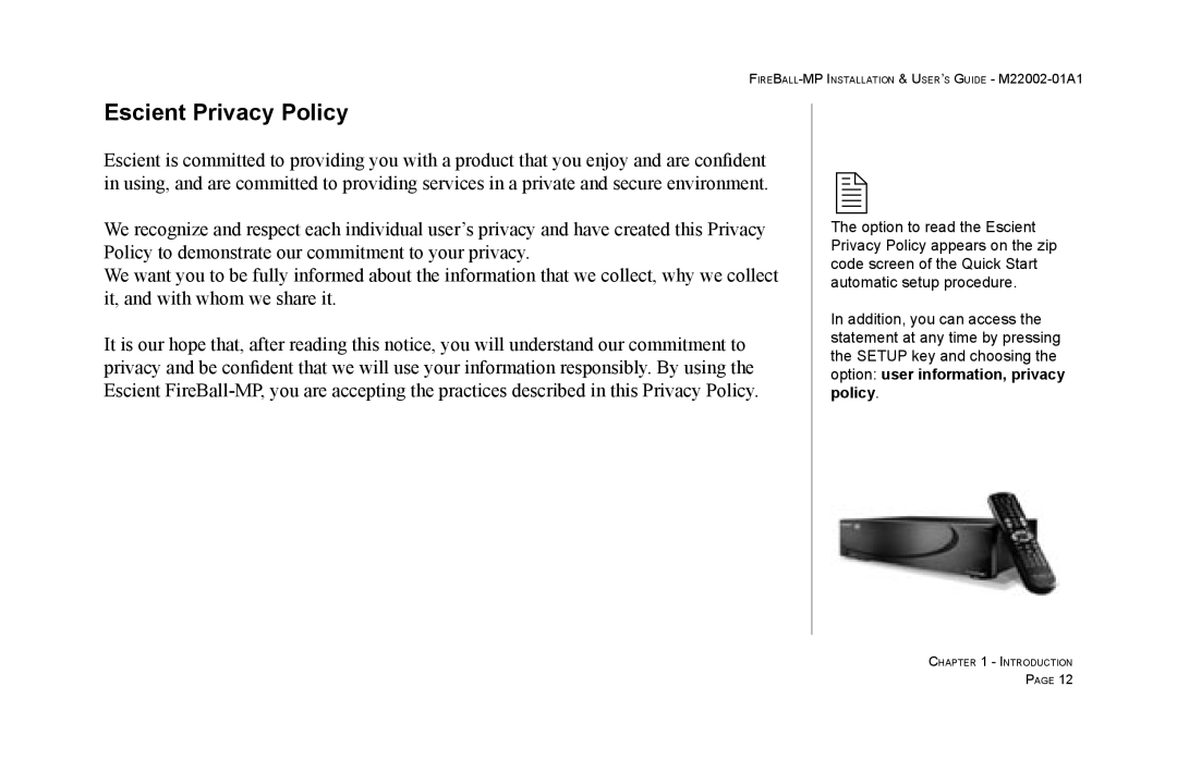 Escient MP-100 manual Escient Privacy Policy 