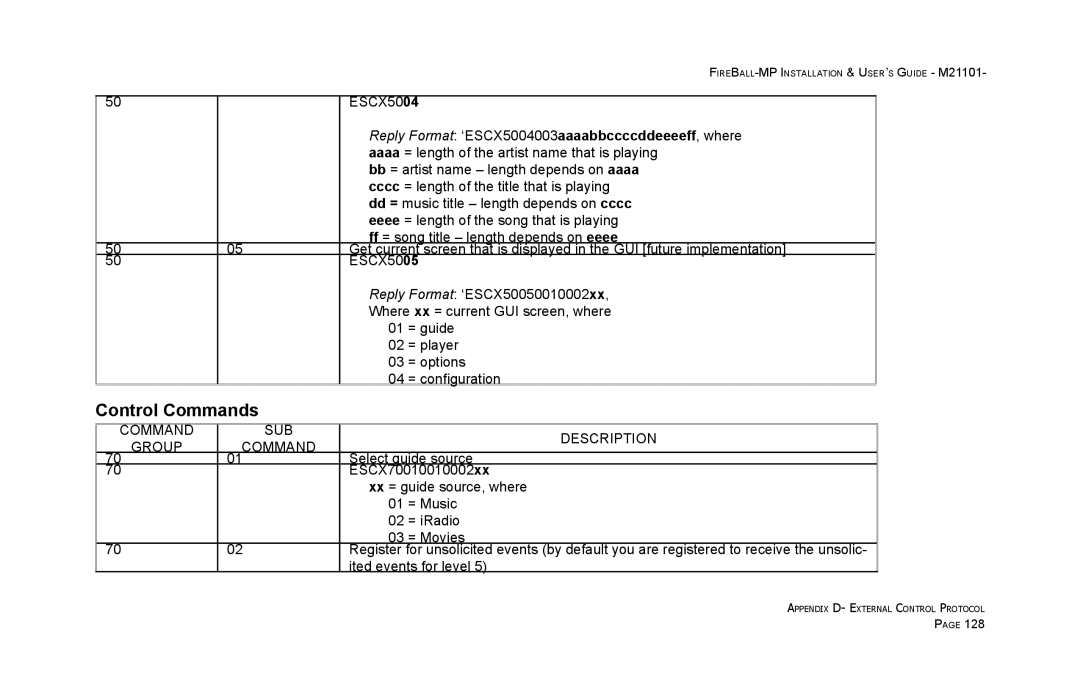 Escient MP-100 manual Control Commands 