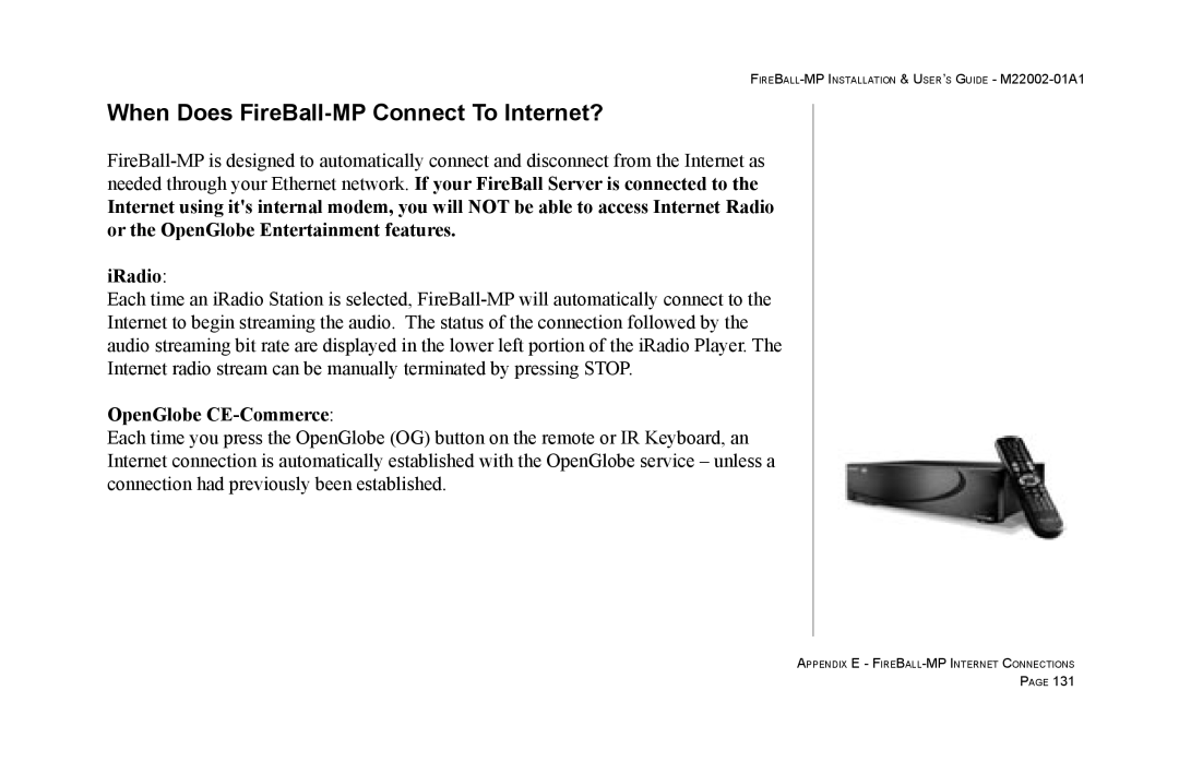 Escient MP-100 manual When Does FireBall-MP Connect To Internet?, OpenGlobe CE-Commerce 