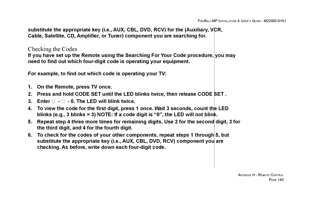 Escient MP-100 manual Checking the Codes 