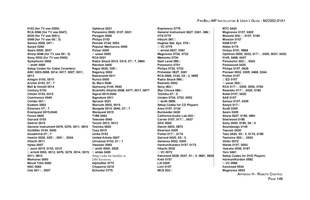 Escient MP-100 manual Setup Codes for Satellite or 